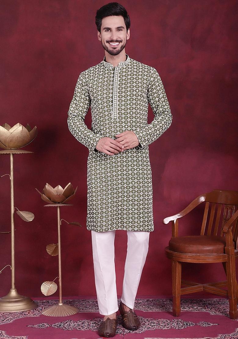 Mehndi Green Embroidered Viscose Rayon Kurta For Men - Indya