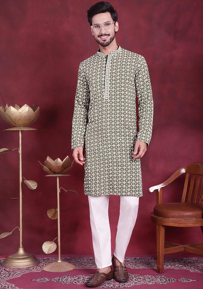 Mehndi Green Embroidered Viscose Rayon Kurta For Men