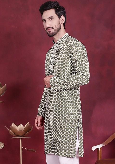 Mehndi Green Embroidered Viscose Rayon Kurta For Men