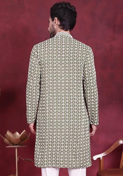Mehndi Green Embroidered Viscose Rayon Kurta For Men