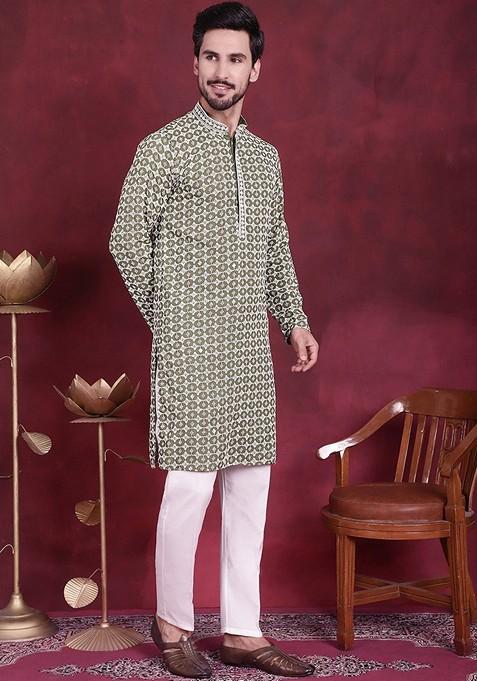 Mehndi Green Embroidered Viscose Rayon Kurta For Men