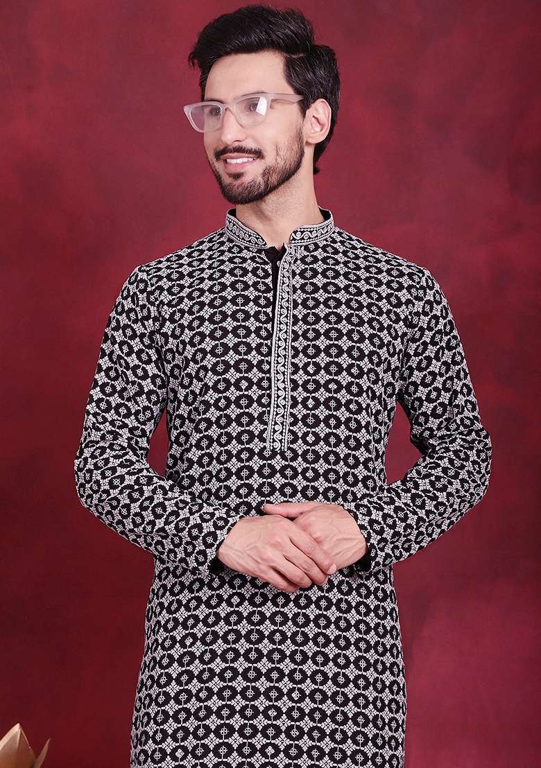 Grey Embroidered Viscose Rayon Kurta For Men - Indya