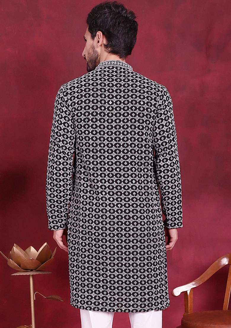 Grey Embroidered Viscose Rayon Kurta For Men - Indya