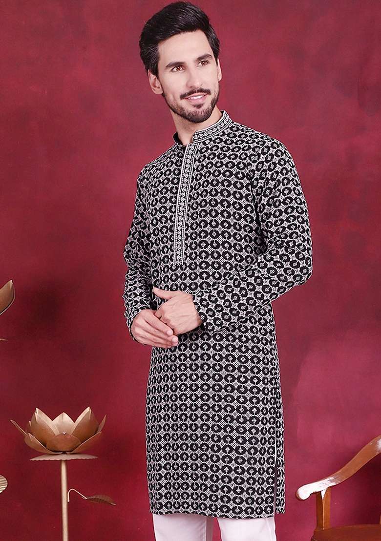 Grey Embroidered Viscose Rayon Kurta For Men - Indya