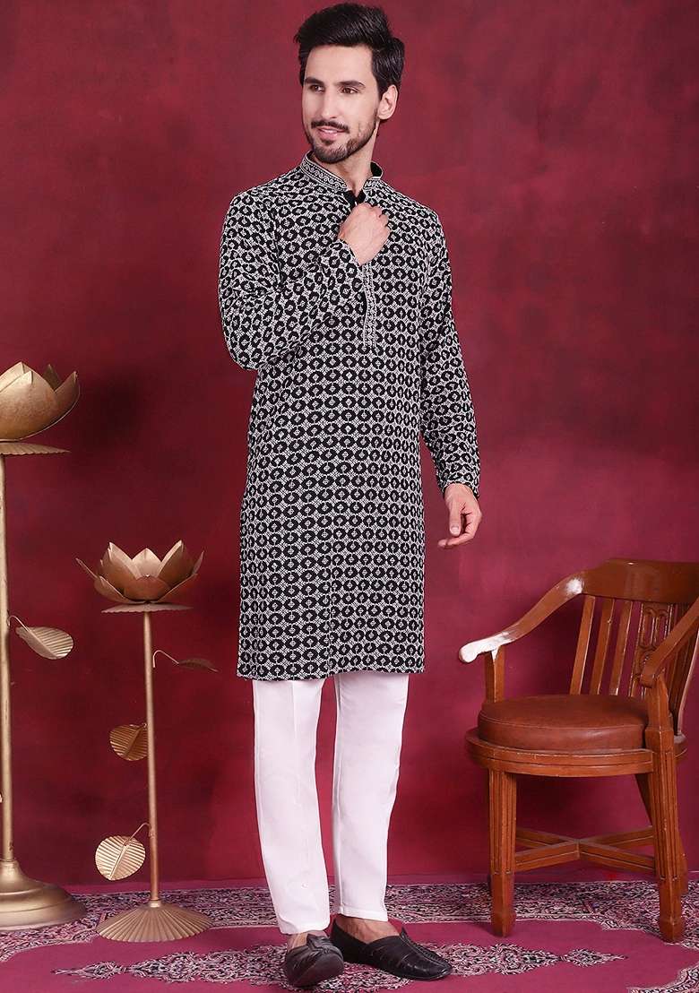 Grey Embroidered Viscose Rayon Kurta For Men - Indya