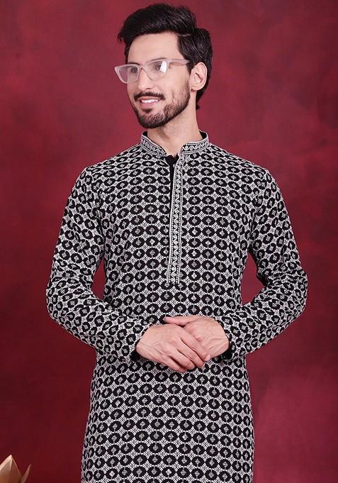 Grey Embroidered Viscose Rayon Kurta For Men