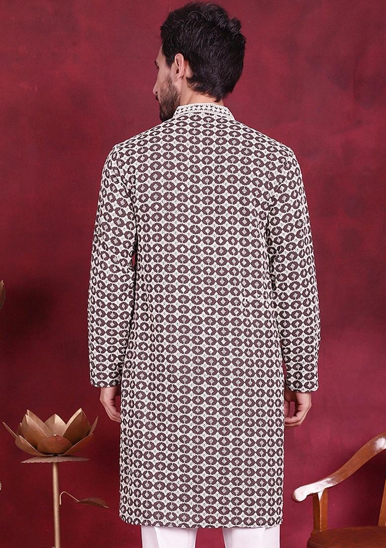 Brown Embroidered Viscose Rayon Kurta For Men - Indya