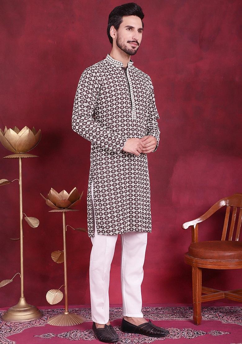 Brown Embroidered Viscose Rayon Kurta For Men - Indya