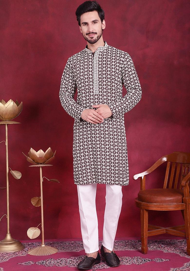 Brown Embroidered Viscose Rayon Kurta For Men