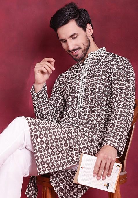 Brown Embroidered Viscose Rayon Kurta For Men