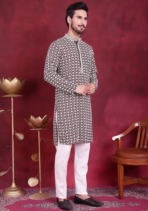 Brown Embroidered Viscose Rayon Kurta For Men