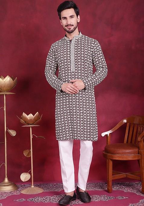 Brown Embroidered Viscose Rayon Kurta For Men