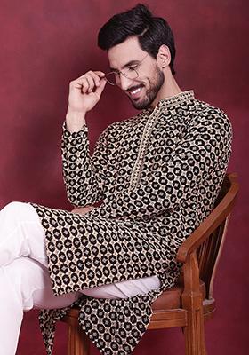 Black Embroidered Viscose Rayon Kurta For Men