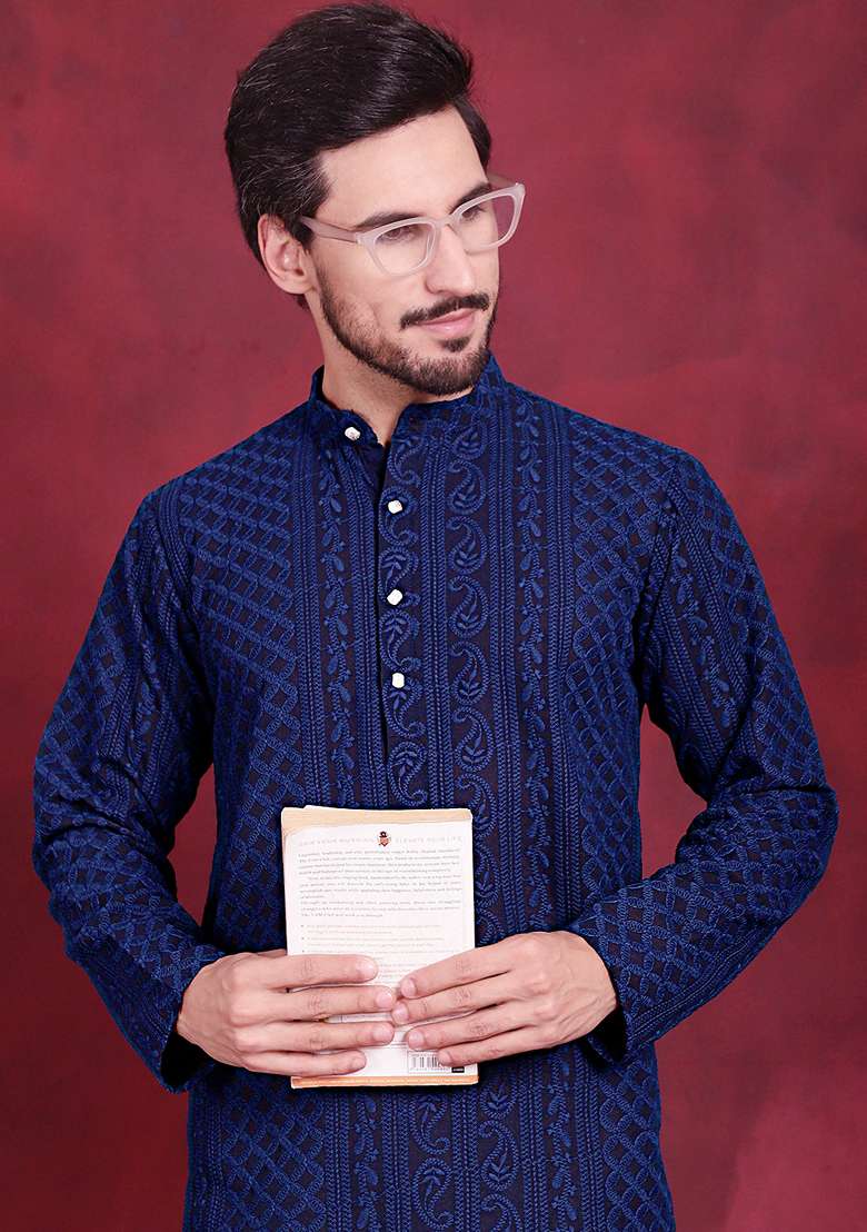 Navy Blue Embroidered Georgette Kurta For Men - Indya