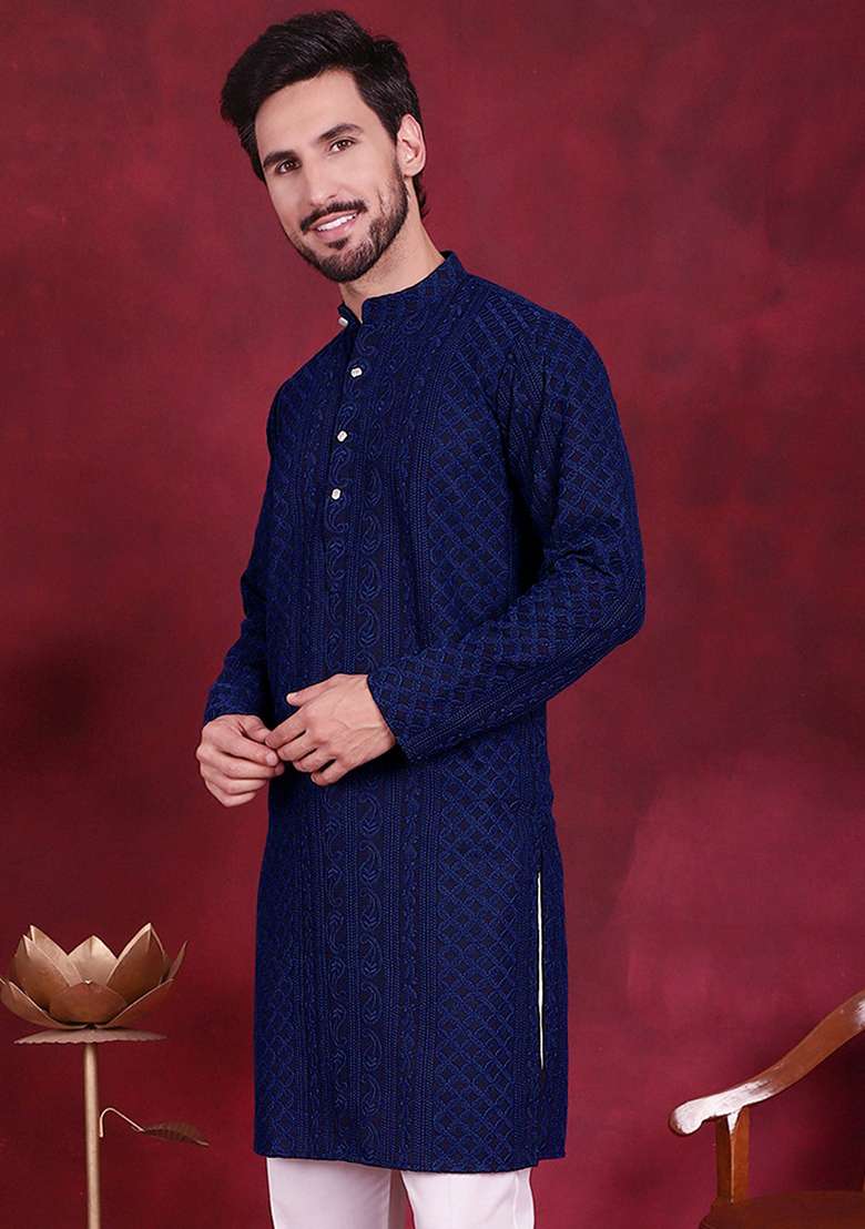 Navy Blue Embroidered Georgette Kurta For Men - Indya