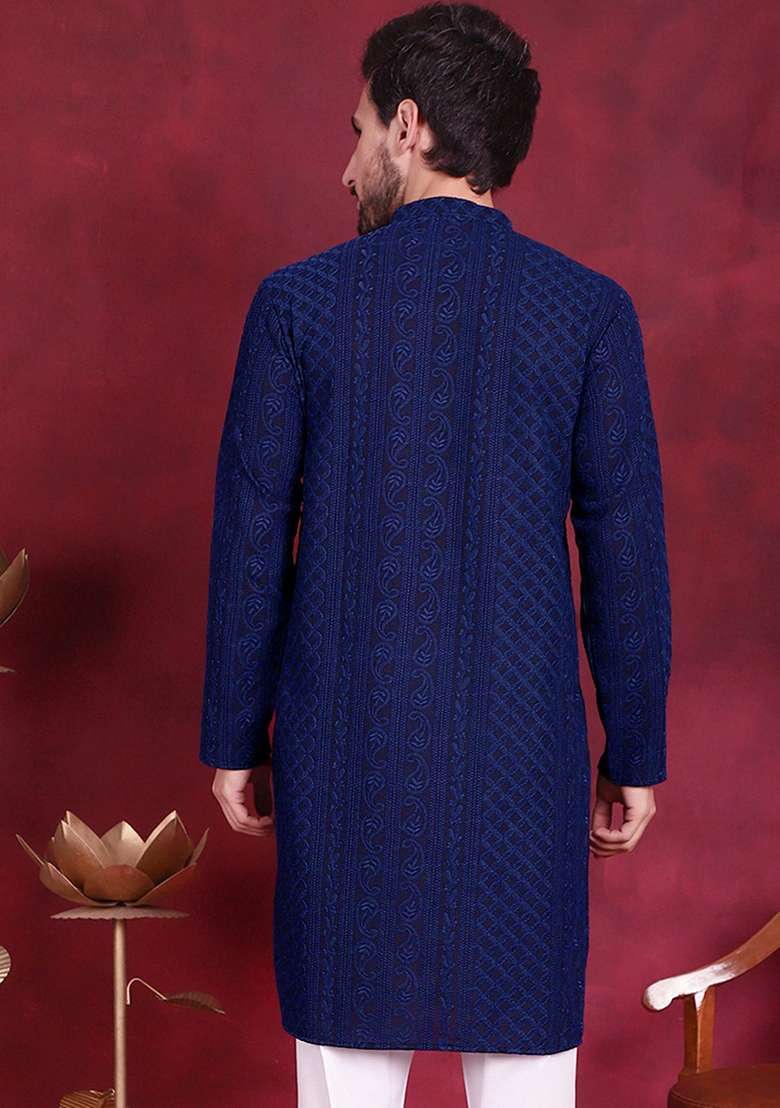 Navy Blue Embroidered Georgette Kurta For Men - Indya