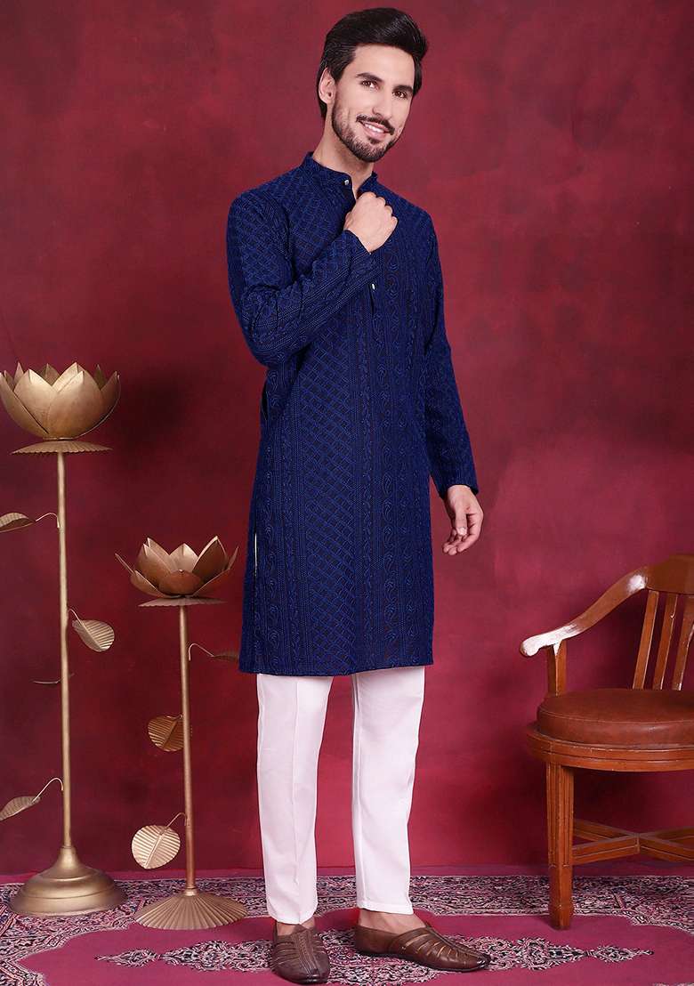 Navy Blue Embroidered Georgette Kurta For Men - Indya