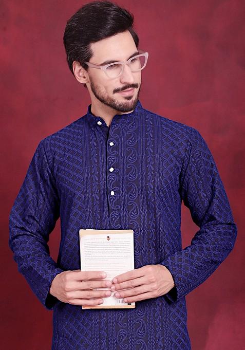 Navy Blue Embroidered Georgette Kurta For Men