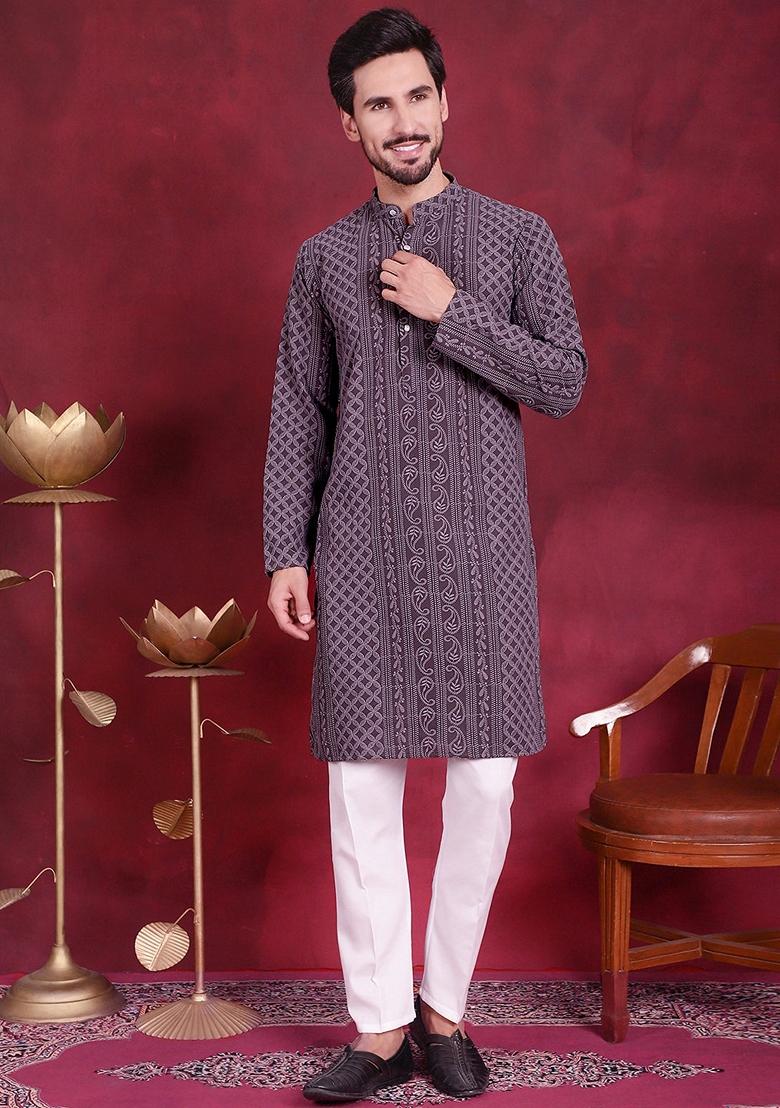 Grey Embroidered Georgette Kurta For Men