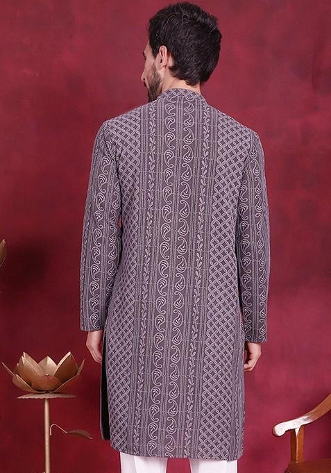 Grey Embroidered Georgette Kurta For Men