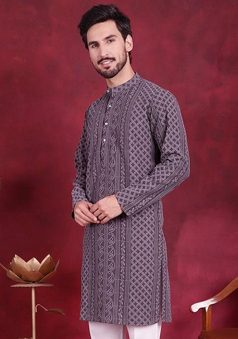 Grey Embroidered Georgette Kurta For Men