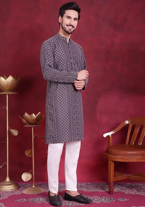 Grey Embroidered Georgette Kurta For Men