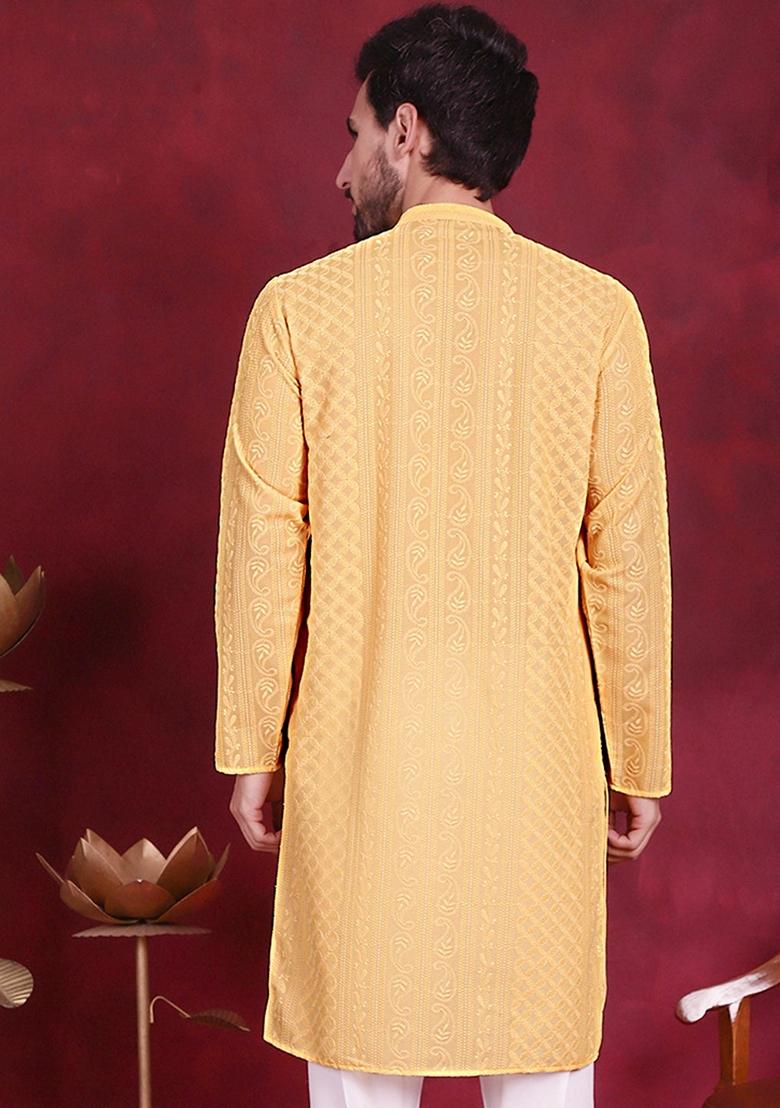 Beige Embroidered Georgette Kurta For Men - Indya