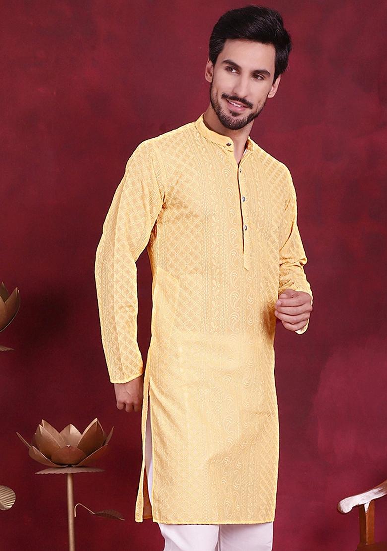 Beige Embroidered Georgette Kurta For Men