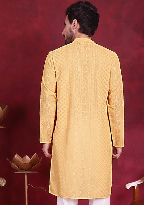Beige Embroidered Georgette Kurta For Men