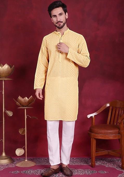 Beige Embroidered Georgette Kurta For Men