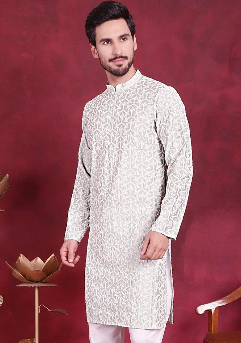 Pista Green Embroidered Silk Blend Kurta For Men