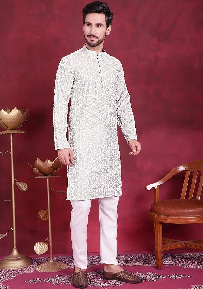 Pista Green Embroidered Silk Blend Kurta For Men