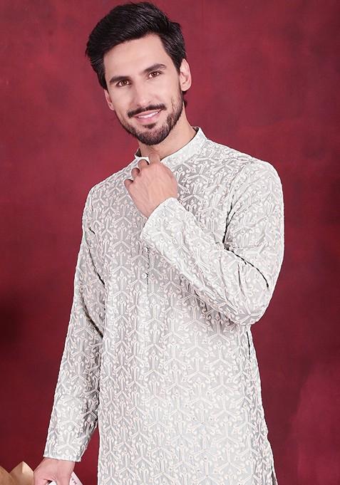 Pista Green Embroidered Silk Blend Kurta For Men