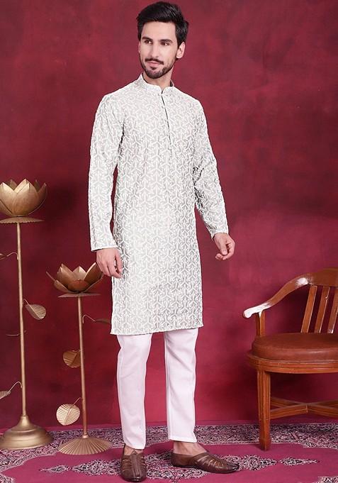 Pista Green Embroidered Silk Blend Kurta For Men