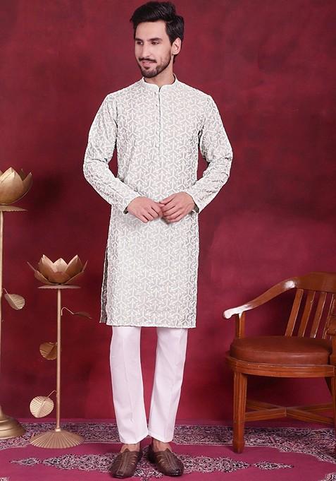 Pista Green Embroidered Silk Blend Kurta For Men