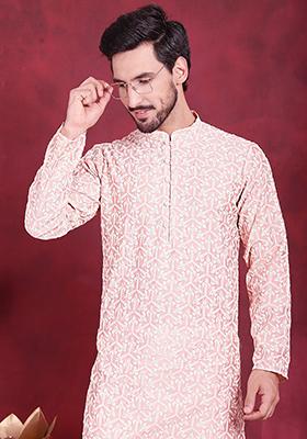 Pink Embroidered Silk Blend Kurta For Men