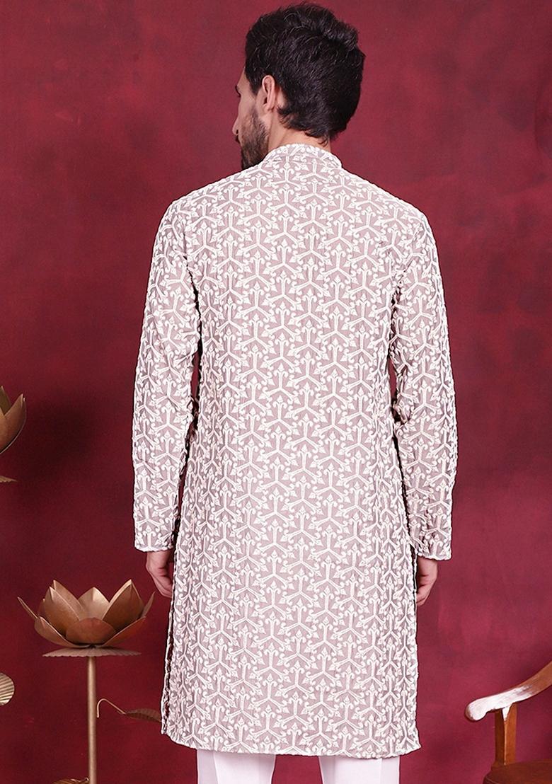 Grey Embroidered Silk Blend Kurta For Men