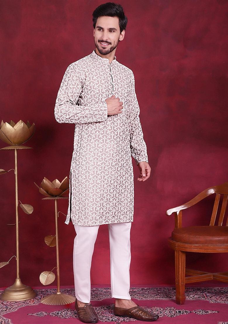 Grey Embroidered Silk Blend Kurta For Men
