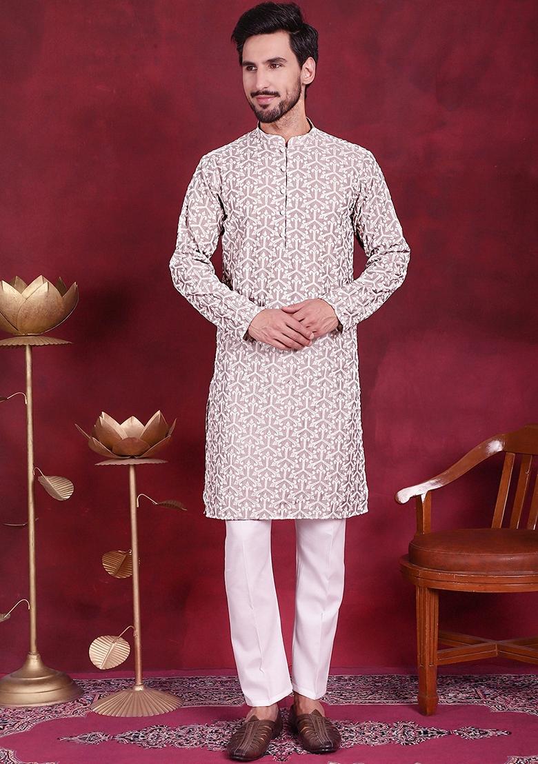 Grey Embroidered Silk Blend Kurta For Men