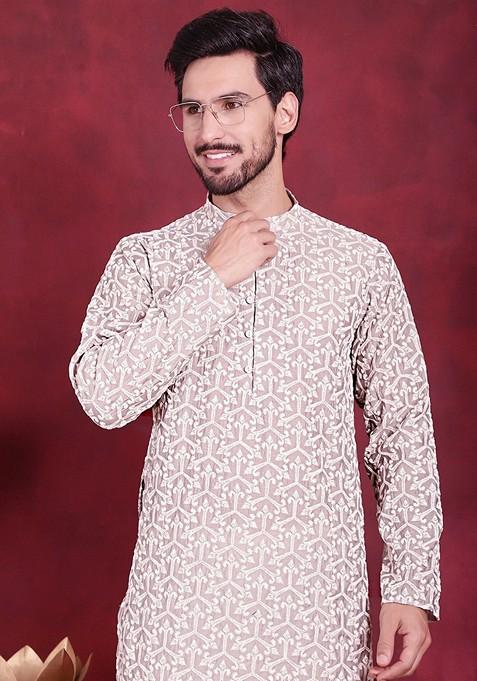 Grey Embroidered Silk Blend Kurta For Men