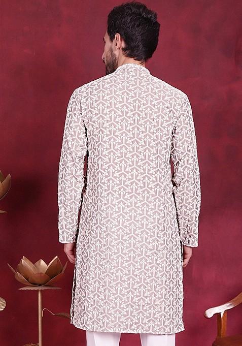 Grey Embroidered Silk Blend Kurta For Men