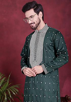 Olive Embroidered Cotton Kurta For Men