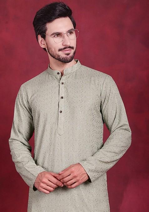 Pista Green Embroidered Viscose Rayon Kurta For Men