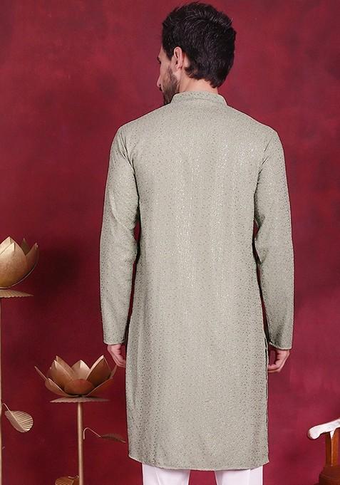 Pista Green Embroidered Viscose Rayon Kurta For Men
