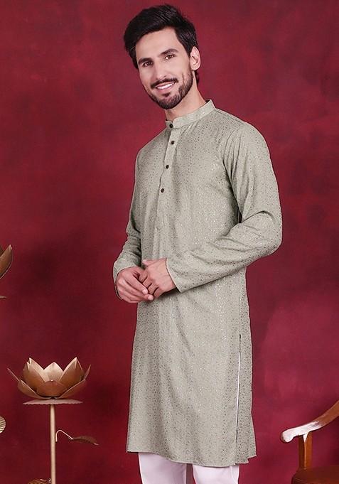 Pista Green Embroidered Viscose Rayon Kurta For Men
