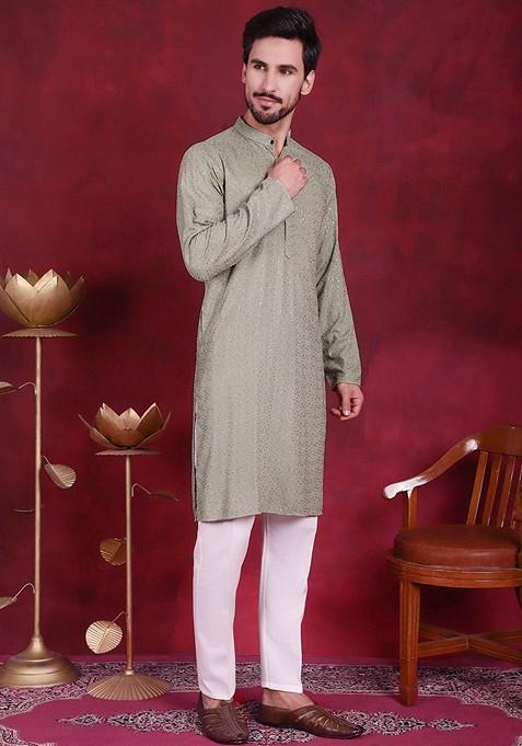 Pista Green Embroidered Viscose Rayon Kurta For Men