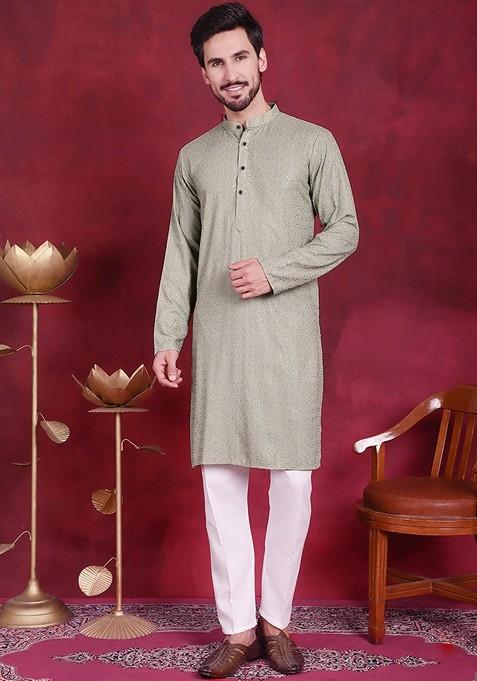 Pista Green Embroidered Viscose Rayon Kurta For Men