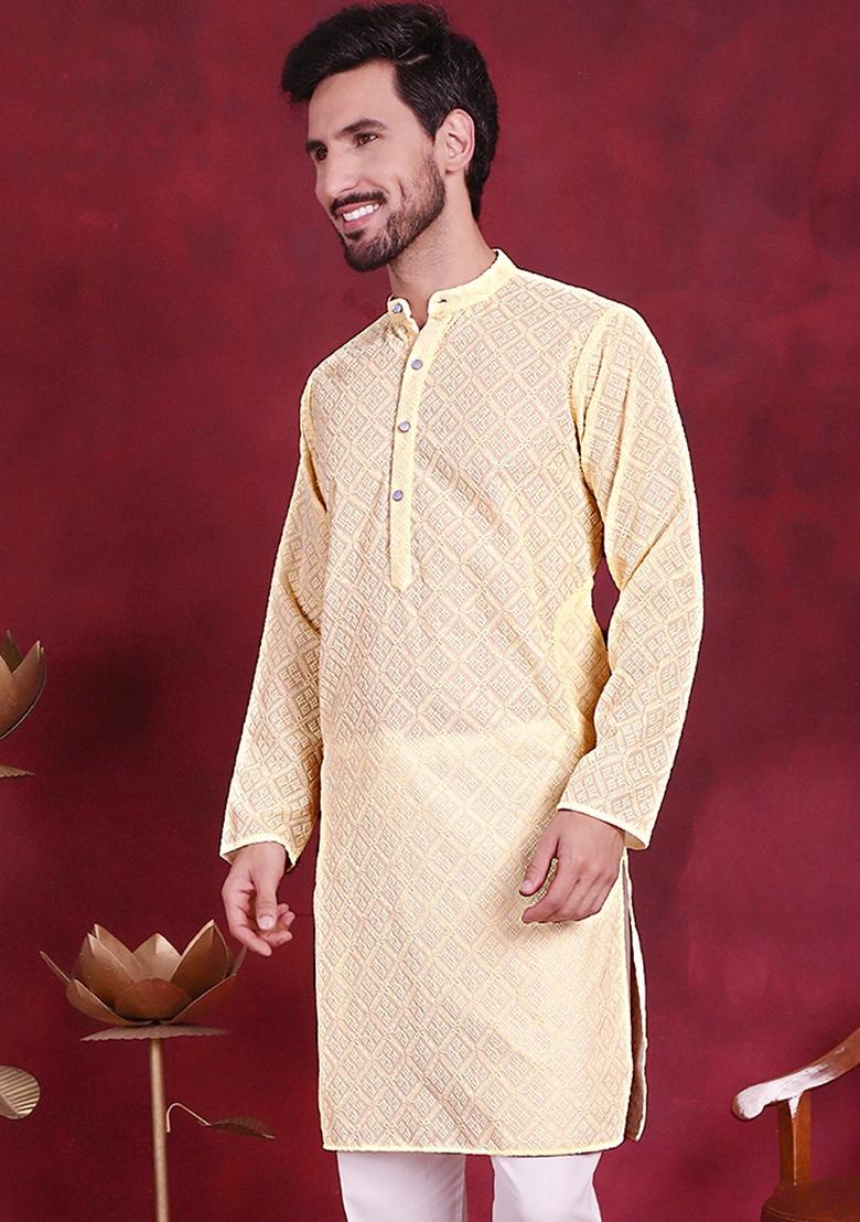 Yellow Embroidered Georgette Kurta For Men