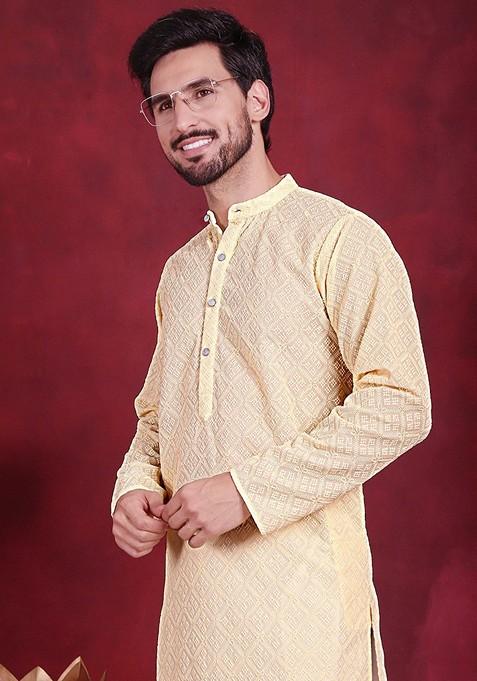 Yellow Embroidered Georgette Kurta For Men