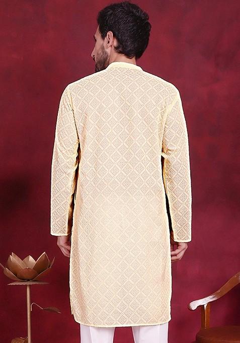 Yellow Embroidered Georgette Kurta For Men